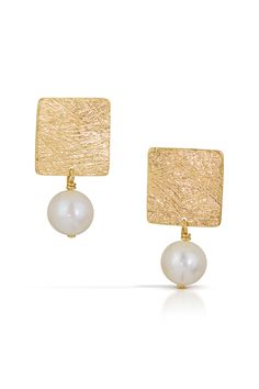 Gold, Silver & Pearl Earrings - Squares of 18k gold vermeil over sterling silver sit snugly against the ear, while an luminous pearl dangles below. Featuring an organic carved texture and sterling silver post backs. Modern Gold Earrings With Pearl Pendant, Gold Hammered Elegant Pearl Earrings, Elegant Hammered Gold Pearl Earrings, Elegant Gold Hammered Pearl Earrings, Gold Square Pendant Jewelry With Pearl, Square Shape Pearl Earrings, Luxury Elegant Square Earrings, Classic Gold Square Earrings, Gold Square Metal Earrings