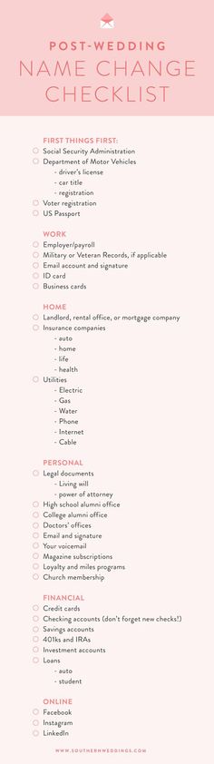 a pink and white wedding checklist with the words,'post - wedding name change checklist '