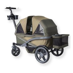 the baby stroller has two wheels and is attached to it's back end