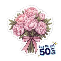 a bouquet of pink peonies with a bow sticker on the side for $ 50 off