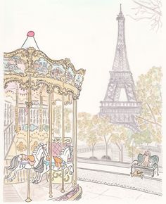 a drawing of a carousel in front of the eiffel tower