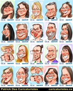 cartoon caricatures of smiling people with different facial expressions and hair colores