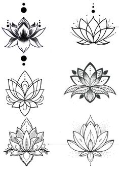 four different lotus tattoos on white paper