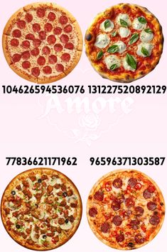 four different types of pizzas on a pink background