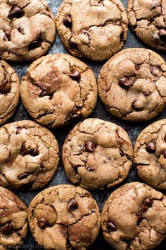 freshly baked chocolate chip cookies on a baking sheet