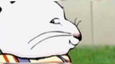 an animated image of a white cat wearing a striped shirt and looking off to the side