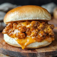 a cheeseburger with meat and sauce on a wooden cutting board, ready to be eaten