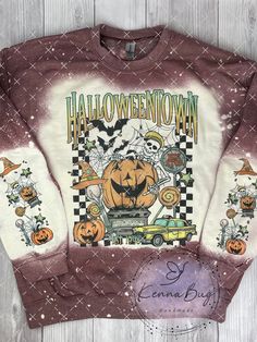 Halloween Town I use GILDAN Brand Soft Style Crew Neck Sweatshirt Color: Heather Maroon 65% polyester 35% cotton All Sweatshirts  are bleached by hand, so each sweatshirt will be Unique. Images are sublimation printed and heat pressed into the shirt. Adult sweatshirts are Unisex sizes and stocked in small, Medium, Large, and XL.  If you need a larger sizes please message me and I will order the sizes needed. Laundry instructions: Wash inside out in cold water Tumble dry on low or hand to dry Do Halloween Town Pumpkin, Bleached Sweatshirt, Laundry Instructions, Pumpkin Skeleton, Snowman Shirt, Unique Images, Sweat Shirts, Halloween Town, Fall Sweatshirt