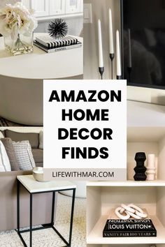 the words amazon home decor finds are overlaid with images of living room furniture and accessories