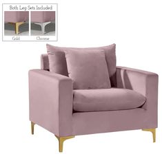 a pink chair with gold legs and two pillows on the back, both in different colors