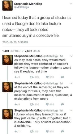 two screenshots of people on twitter with the caption'i learned today that a group of students used a google doc to take lecture notes - they all took notes simultaneously in a collective