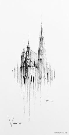 a black and white drawing of a castle with spires on it's roof