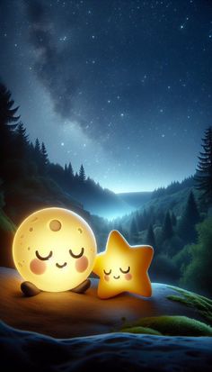 two yellow stars sitting next to each other in the night sky with trees and mountains behind them