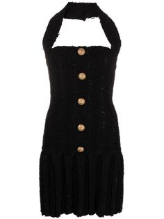 black tweed sequin detailing gold-tone buttons halterneck rear zip fastening sleeveless pleated skirt thigh-length Balmain Tweed, Halterneck Mini Dress, Balmain Dress, Balmain Paris, Black Outfits, Black Tweed, City Dress, Mini Dress Black, Halterneck Dress