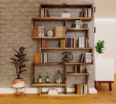 a bookshelf in the corner of a room with a potted plant next to it