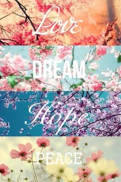 the words love, dream, hope and peace are shown in three different pictures with flowers