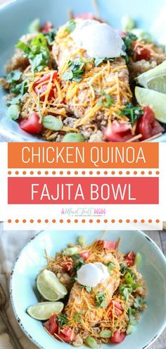 chicken quinoa fajita bowl with avocado and sour cream on top