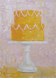 a painting of a yellow cake on a white pedestal in front of a pink background