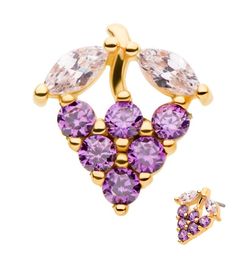 Threadless top piece in the shape of a grape cluster with purple and clear cubic zirconia gems. Made... Gold Body Jewellery, Gold And Purple, 14kt Gold, Body Jewelry, New Product, Heart Ring, Grapes, Cubic Zirconia, Jewelry Collection