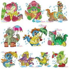 various cartoon animals with umbrellas in the rain