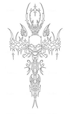 a cross with skulls and wings in the center, on a white background for coloring