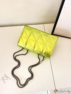 Bird in Bag - Quilted Flap Chain Square Bag with Metallic Accents Green Chain Shoulder Bag For Party, Yellow Shoulder Bag With Chain Strap For Party, Yellow Party Shoulder Bag With Chain Strap, Party Bags With Chain Strap In Yellow, Bird In Bag, Bag Bag, Square Bag, Metallic Accents, Pu Leather