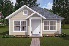 this is a computer rendering of a small house with front porch and entryway to the bedroom