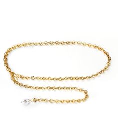 Textured vintage style chain belt with hook closure and mother of pearl accent. Length: 40" (101.6cm) Thickness: 6.35mm Material: Brass Gold Plated Cheap Gold Chain Belt For Women, Cheap Trendy Silver Chain Belt, Cheap Gold Chain Belt For Gift, Cheap Gold Chain Belt For Party, Cheap Chic Gold Chain Belt, Cheap Trendy Chain Belt For Gift, Elegant Luxury Gold-tone Chain Belt, Cheap Metal Chain Link Chain Belt, Cheap Metal Chain Link Belt