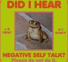 a frog sitting on the ground next to a sign that says, did i hear negative self talk? please do not do it