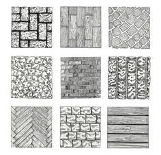 nine different types of bricks and boards drawn in pencil on white paper with black ink