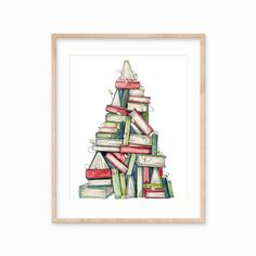 a christmas tree made out of books is featured in this watercolor and ink painting