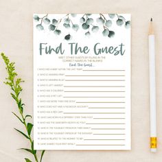 a printable find the guest game next to a pencil and green plant with leaves