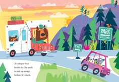 an illustrated book with animals and cars driving down the road in front of a park sign