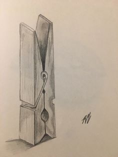 a pencil drawing of a pair of scissors sticking out of a piece of wood