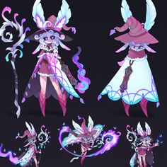 four different poses of an animated female character with wings and tail, in various positions