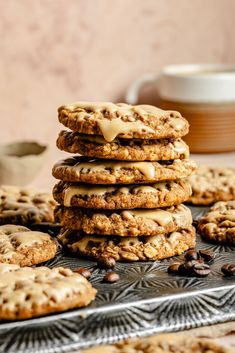 a stack of cookies sitting on top of a metal tray