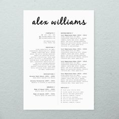 a black and white resume with the word alex williams on it