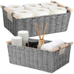 two wicker baskets filled with toiletries on top of each other