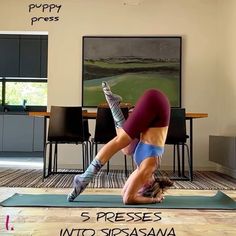 a woman doing a handstand on a yoga mat with the words, presses into sipasana