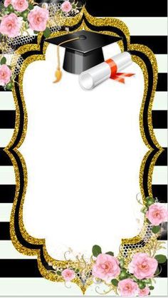 a black and white striped graduation card with gold glitter trimmings, pink roses and a mortar cap