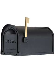 a black mailbox with a gold post sticking out of it