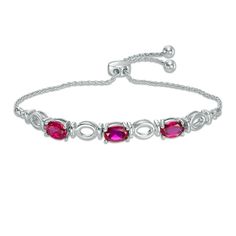 A great anytime choice, this fashion bolo bracelet is sure to become an instant favorite. Crafted in sterling silver, this casual style features a trio of 7.0 x 5.0mm oval-shaped lab-created bright red rubies alternating with open oval links. She can wear one, two or more bolo bracelet designs together to produce a look all her own. Buffed to a brilliant luster, this easy-on wheat chain bolo adjusts up to 9.5 inches and secures with a bolo clasp. Bolo Bracelet, Peoples Jewellers, Ruby Stone, July Birthstone, Oval Stone, Red Stone, Gemstone Bracelets, Three Stone, White Metal