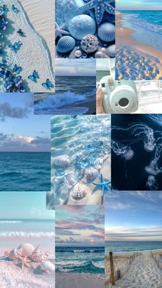 a collage of pictures with seashells, sand and ocean waves in them