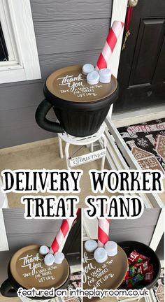 two pictures with candy canes in them and the words delivery worker treat stand on top