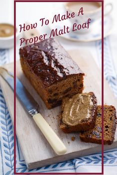 a wooden cutting board topped with sliced loaf of brownies and frosting next to a knife