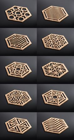 six different types of carved wood designs on black background, each with an intricate geometric design