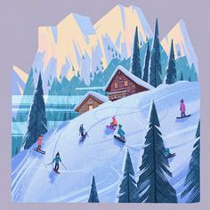 a painting of people skiing in the snow near a cabin with mountains and trees behind them