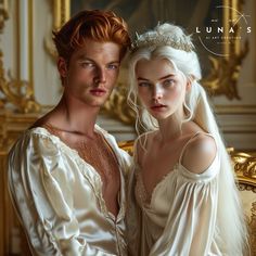 a man and woman dressed in white are posing for a photo with gold frames behind them