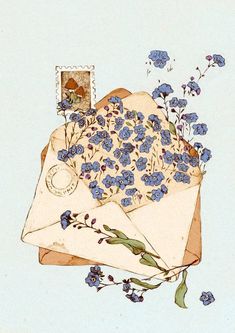 an envelope with blue flowers on it