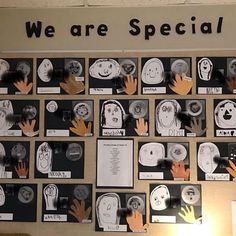 a bulletin board with hands and faces on it that says we are special written in black